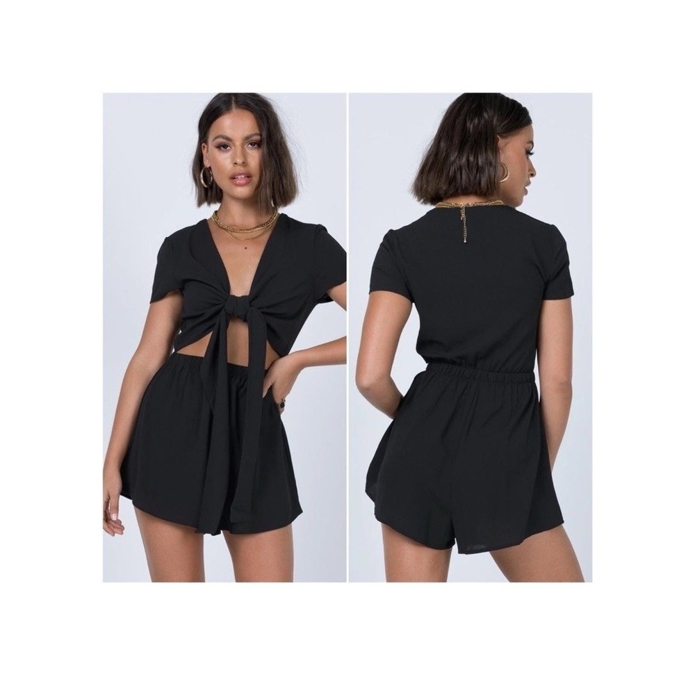 Princess Polly Size 2 Ragnar Tie Front Shorts Romper Black Cutout Short Sleeve